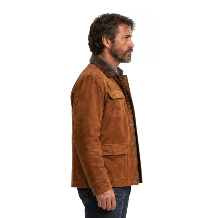 Man wearing a brown suede jacket on a white background