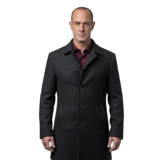 Man wearing a dark gray coat on a white background