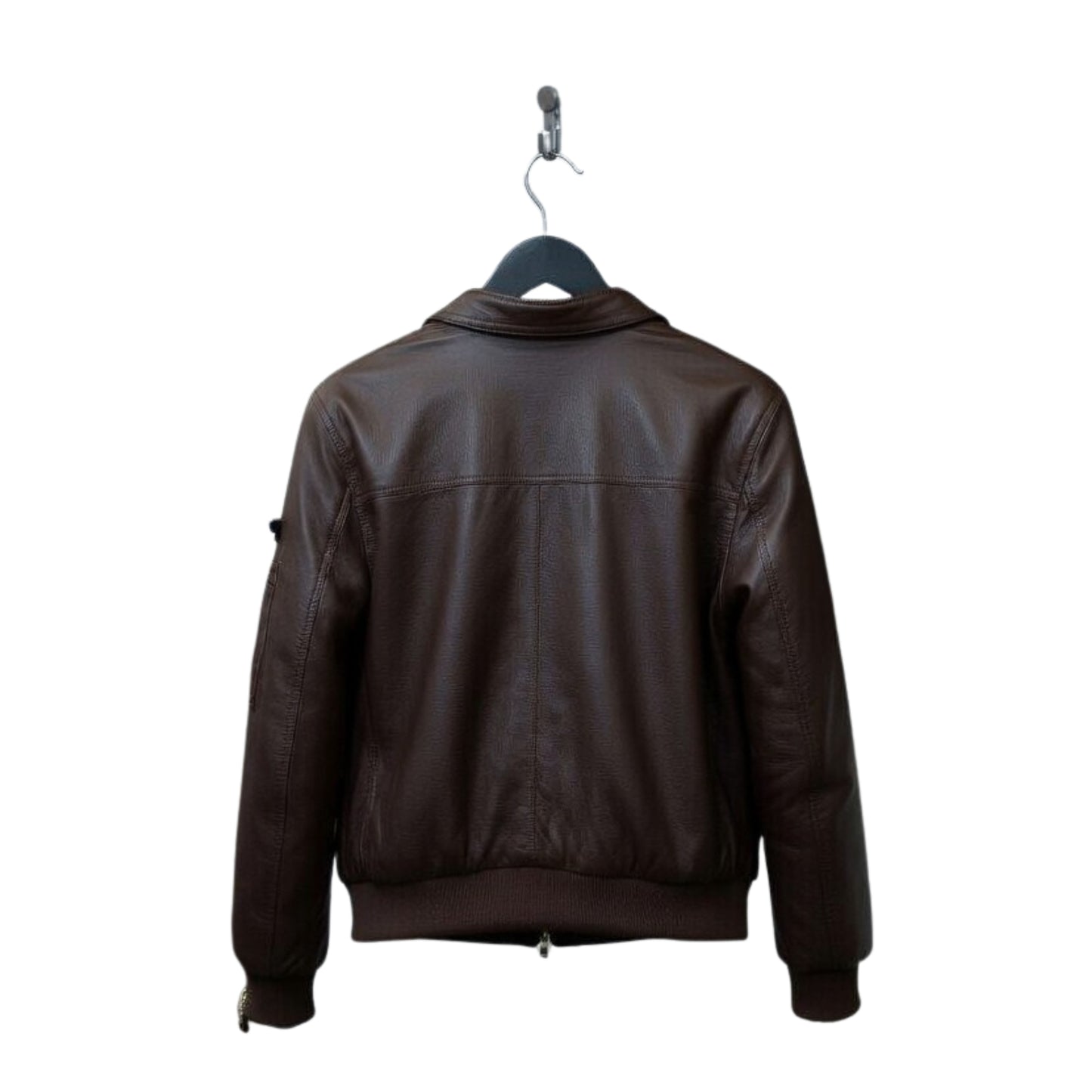 Brown leather jacket on a hanger against a white background