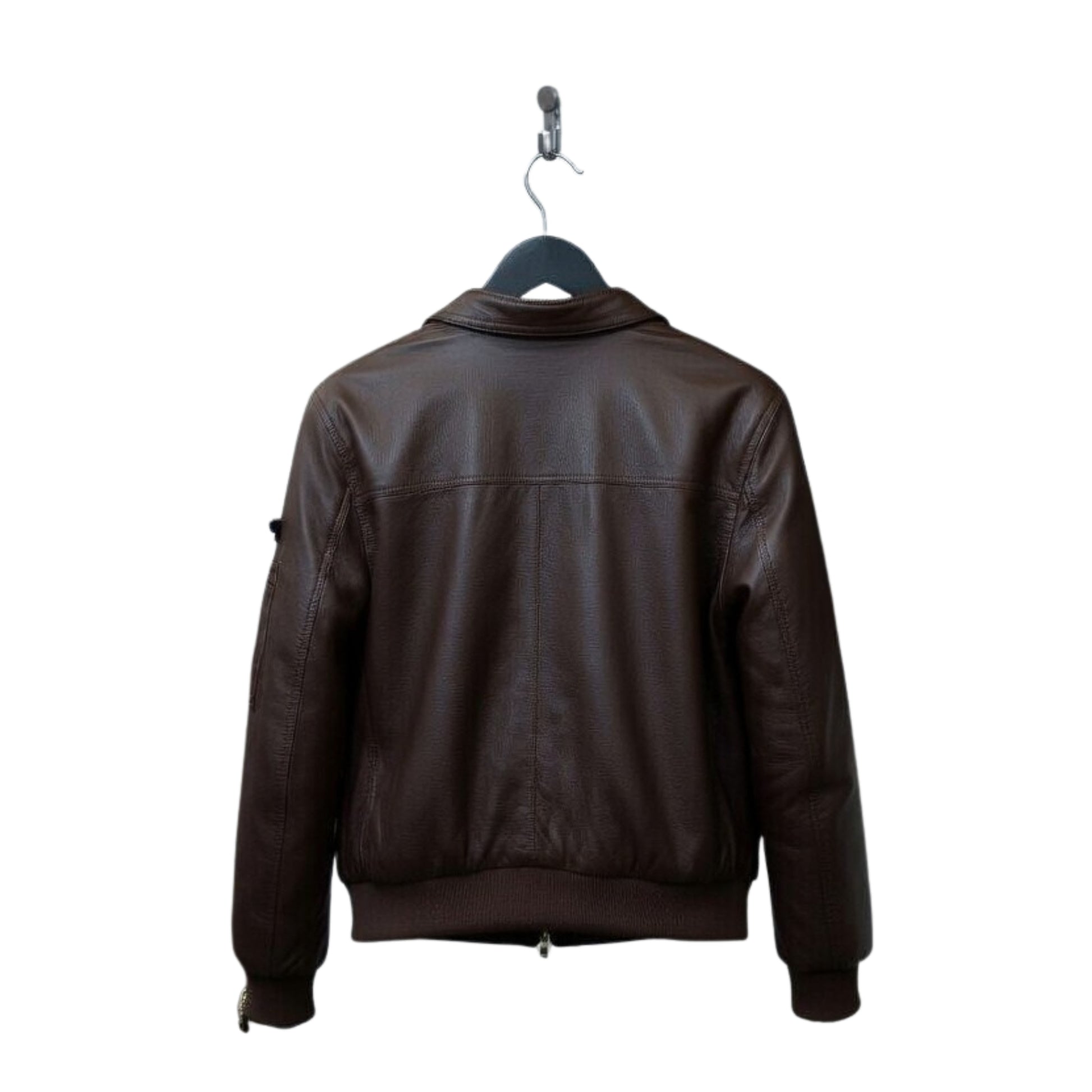 Brown leather jacket on a hanger against a white background