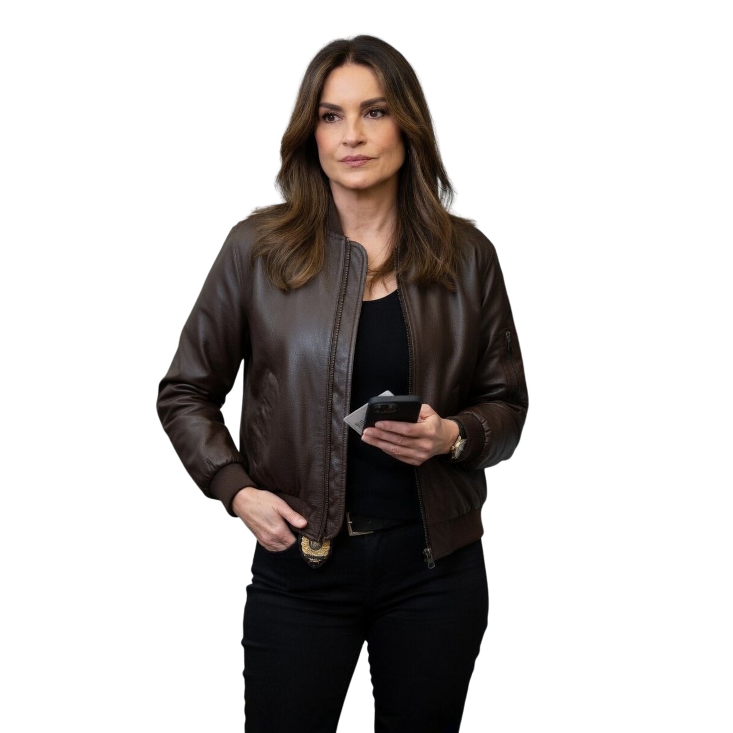 Woman wearing a brown leather jacket on a white background