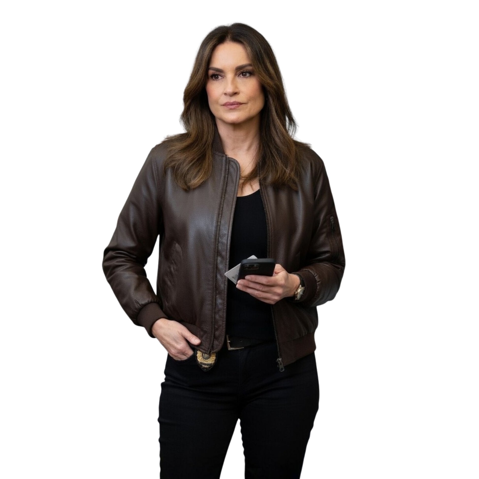 Woman wearing a brown leather jacket on a white background