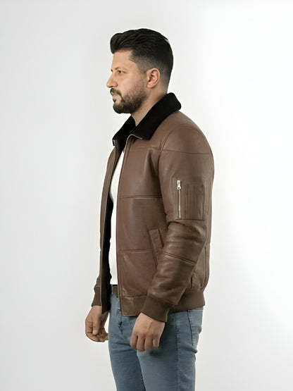 Men's Brown Sheepskin Leather Aviator Bomber Jacket