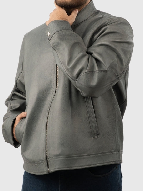 Men’s Cafe Racer Leather Grey Jacket