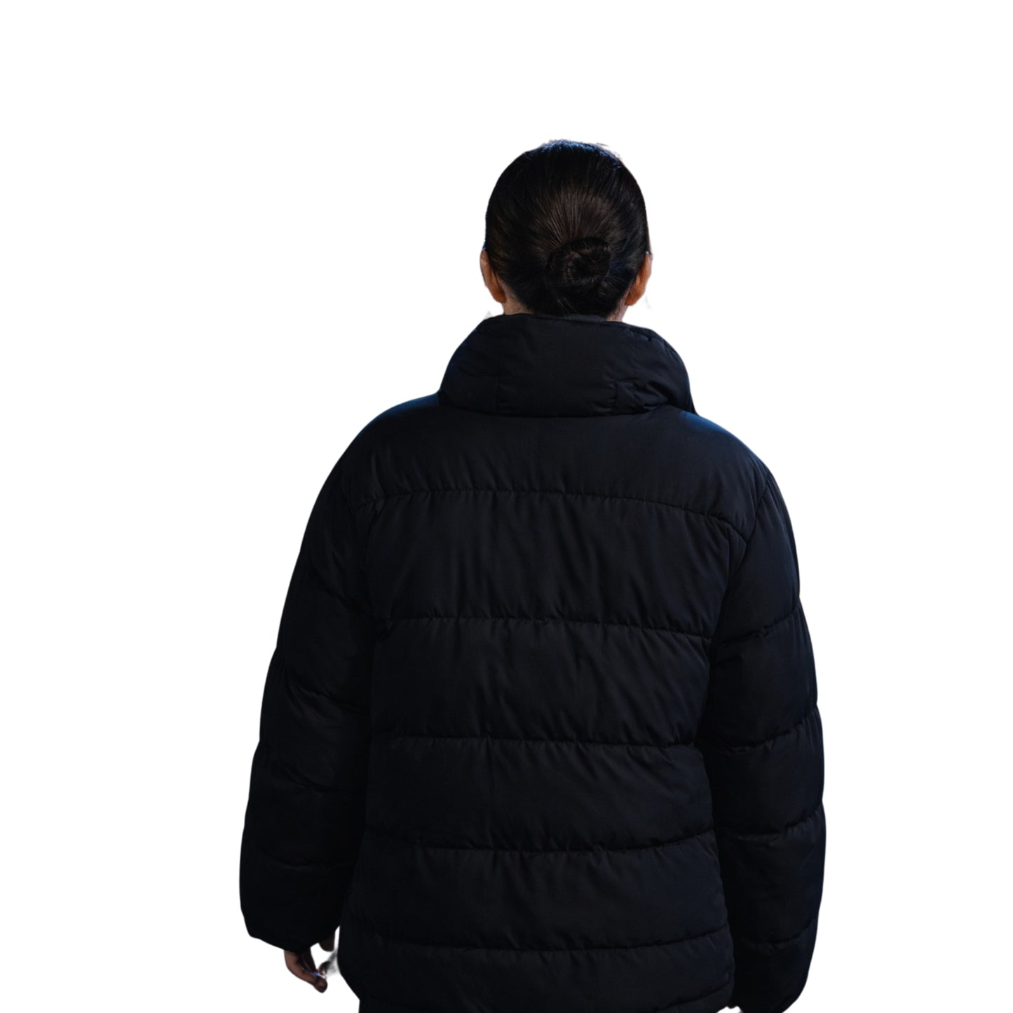 Person wearing a black puffer jacket on a white background