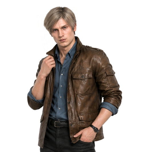 Man wearing a brown leather jacket on a white background