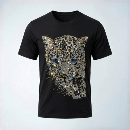 Black t-shirt with a sequined leopard design on a light gray background