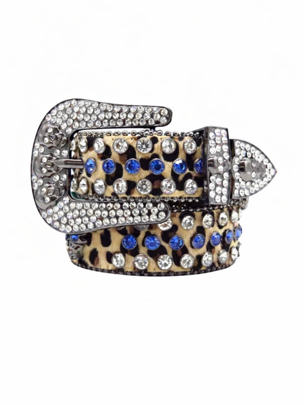Belt with leopard print and blue gemstones on a white background