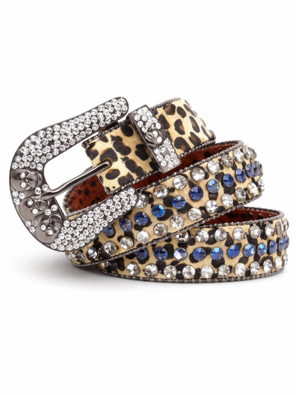 Leopard print belt with rhinestone embellishments on a white background