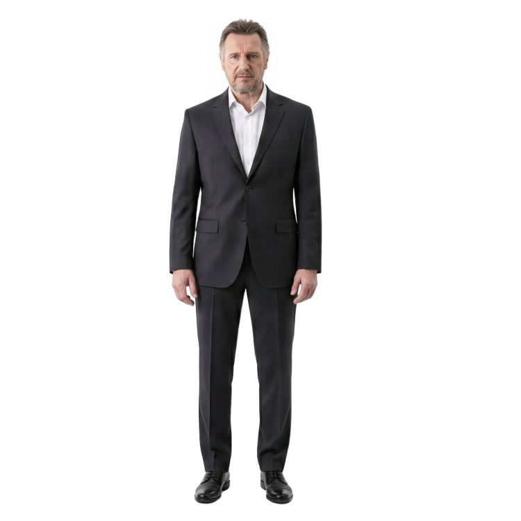 Man wearing a black suit and white shirt on a white background