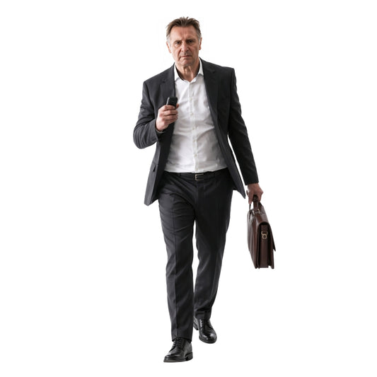 Man in a suit holding a phone and briefcase on a white background