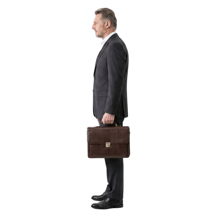 Man in a suit holding a brown leather briefcase on a white background