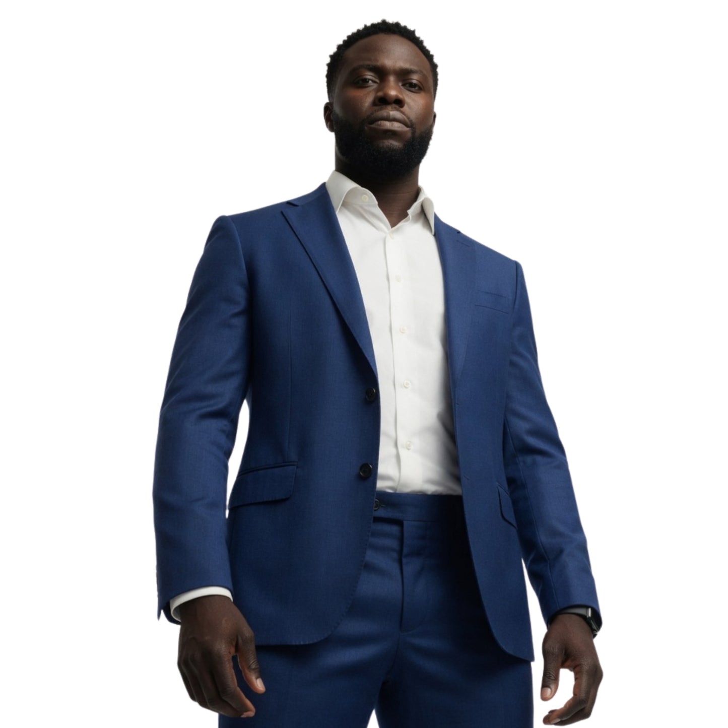 Man wearing a blue suit and white shirt on a white background