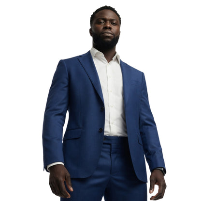Man wearing a blue suit and white shirt on a white background