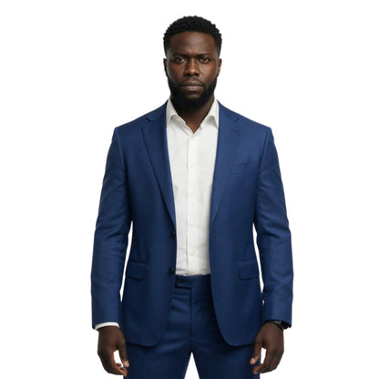 Man wearing a blue suit and white shirt on a white background