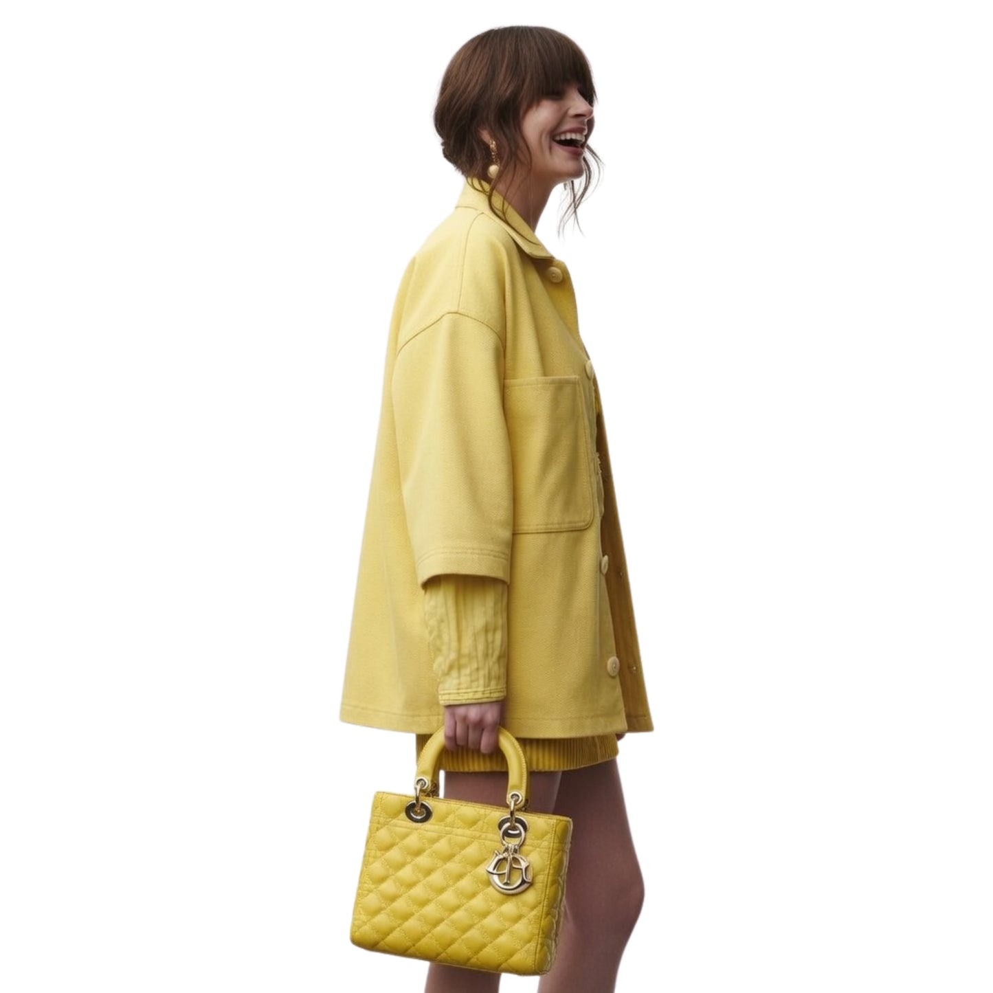 Person wearing a yellow outfit with a matching handbag on a white background