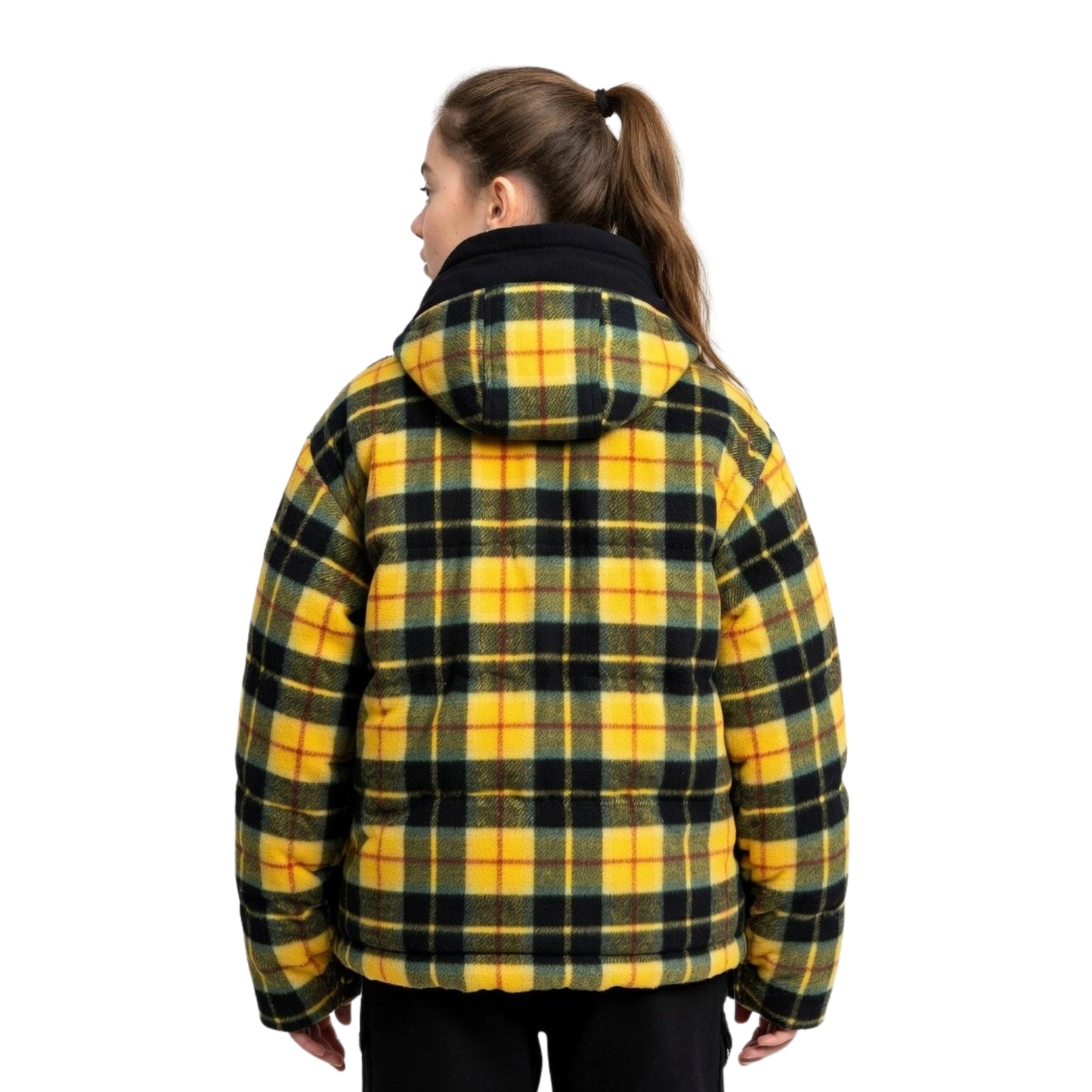 Person wearing a yellow and black plaid jacket on a white background