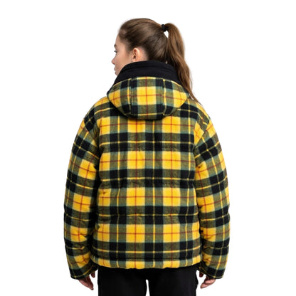 Person wearing a yellow and black plaid jacket on a white background