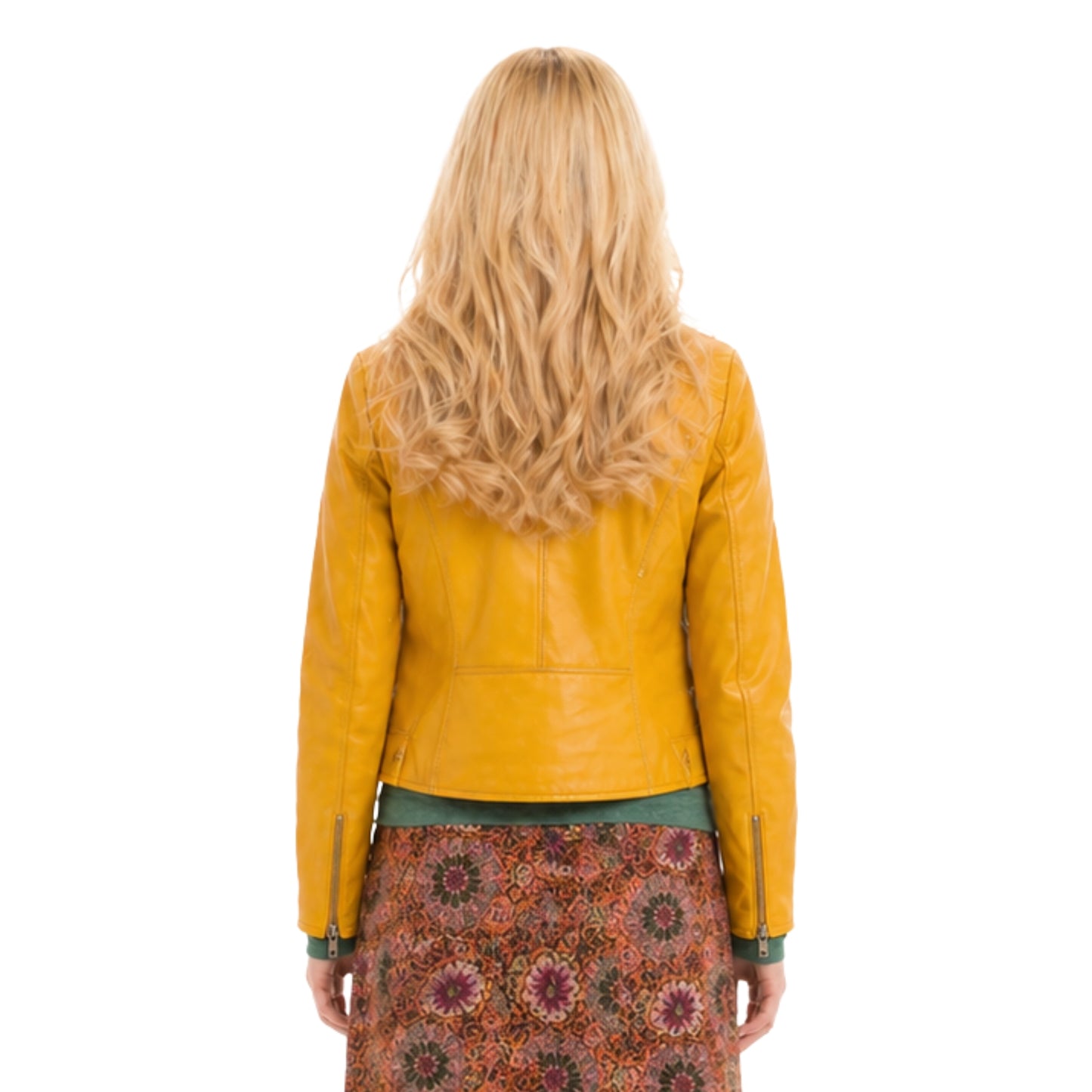 Person wearing a mustard yellow leather jacket on a white background