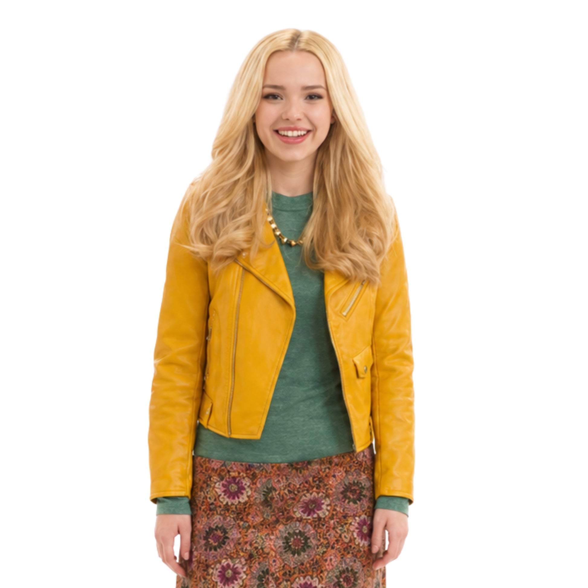 Woman wearing a yellow leather jacket on a white background