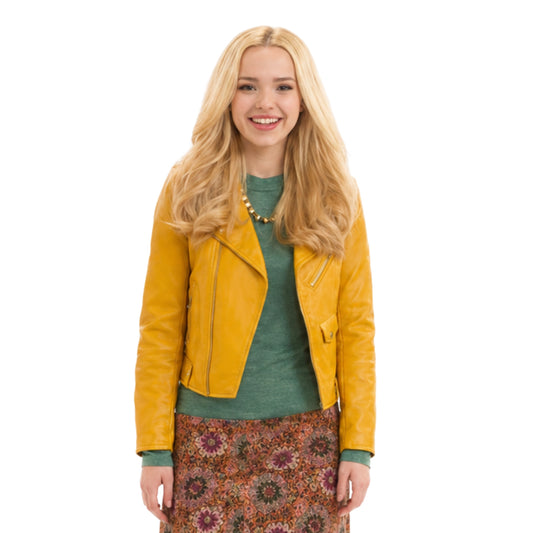 Woman wearing a yellow leather jacket on a white background
