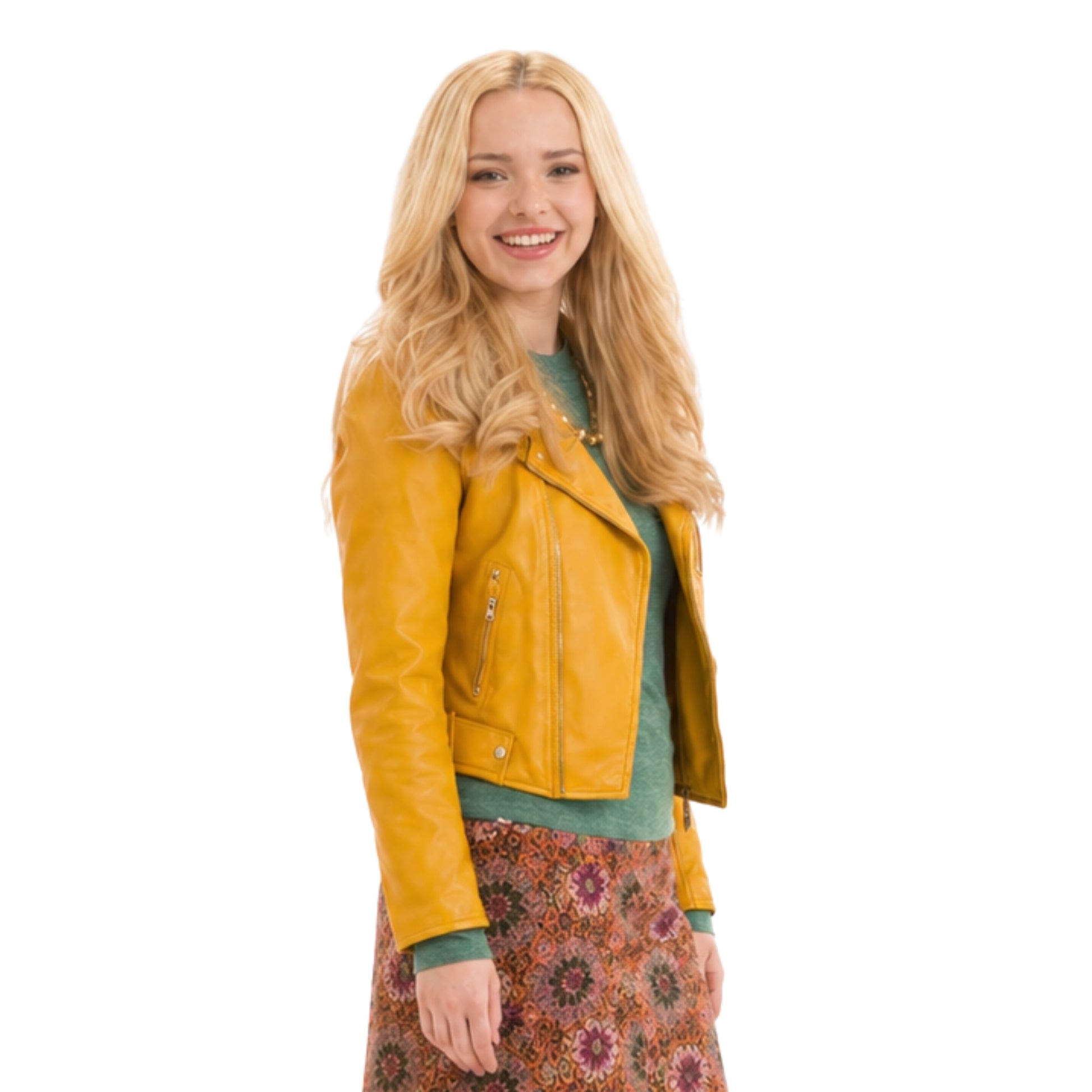 Woman wearing a yellow leather jacket on a white background