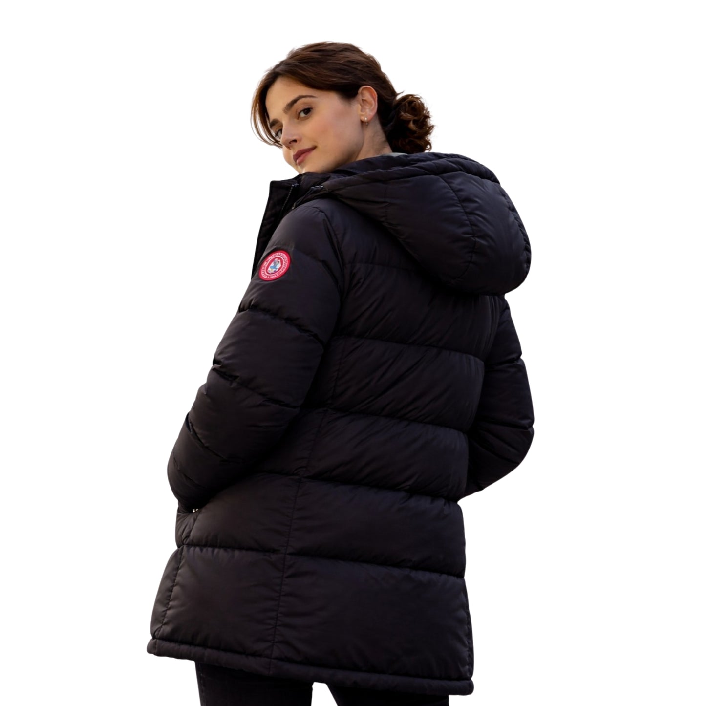 Person wearing a black puffer jacket with a visible brand logo on a white background