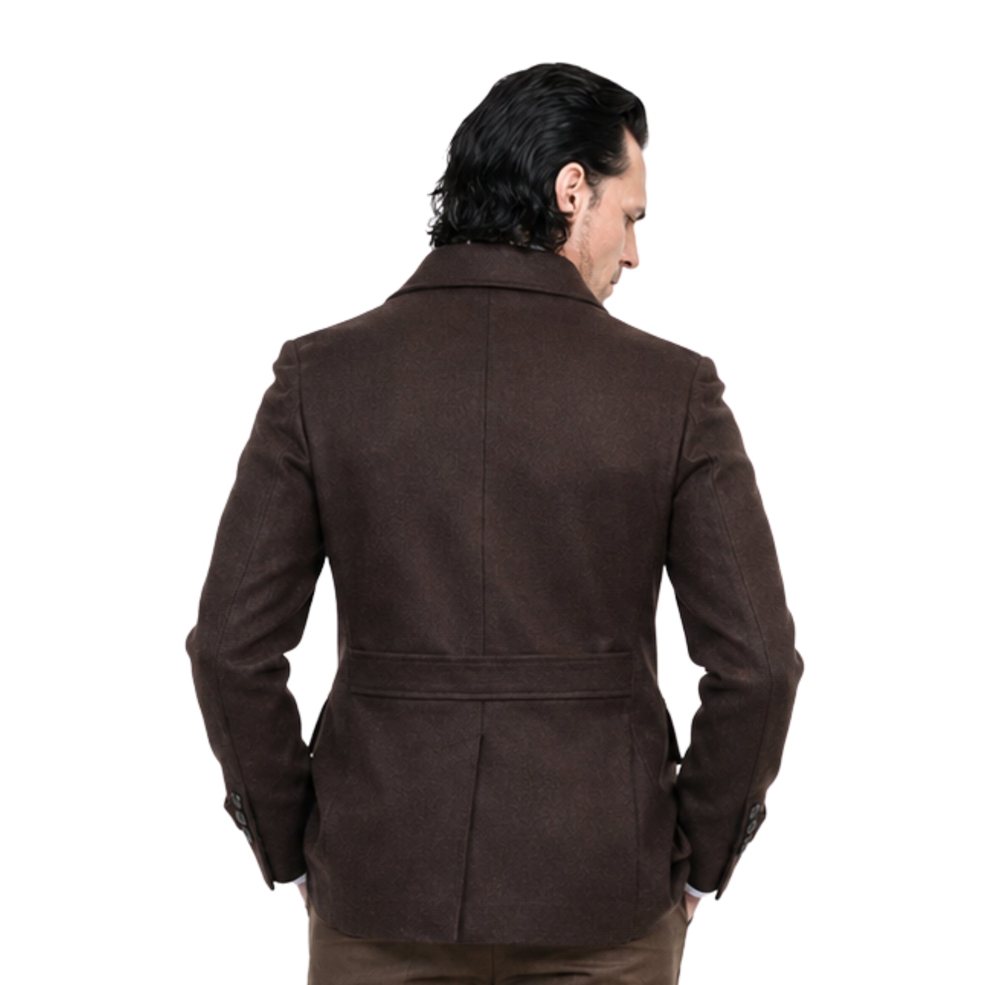 Man wearing a brown coat on a white background