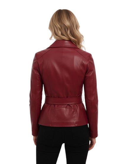 Red leather jacket worn by a person on a white background