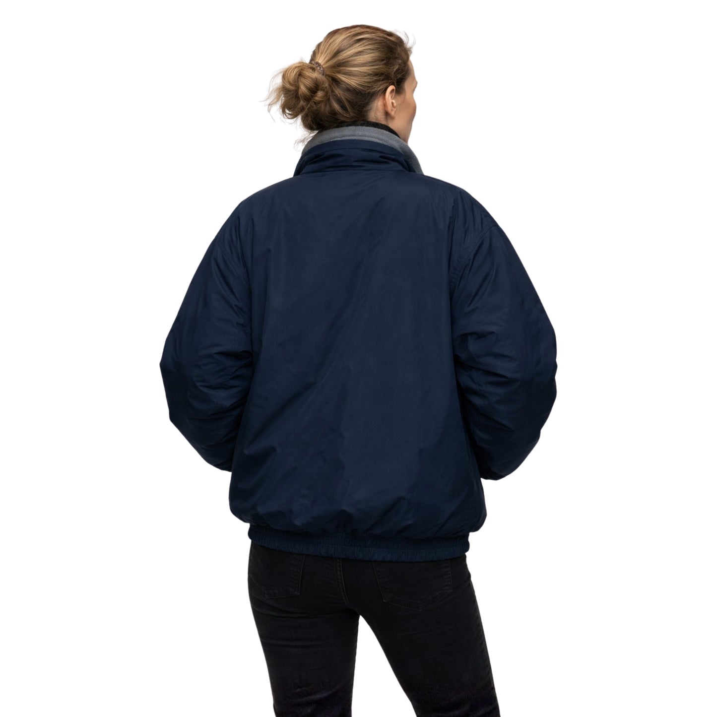 Person wearing a navy blue jacket on a white background