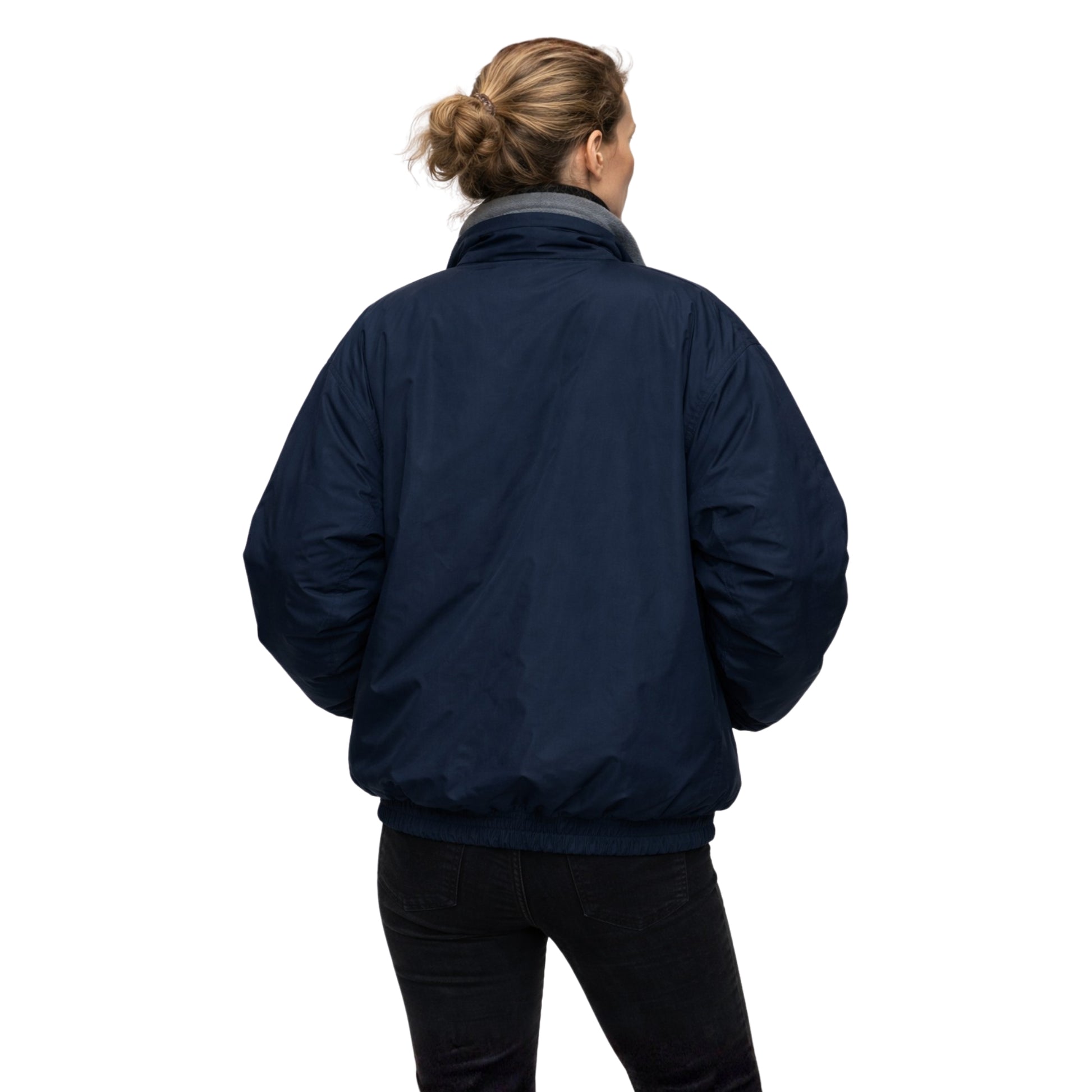 Person wearing a navy blue jacket on a white background