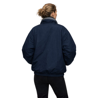Person wearing a navy blue jacket on a white background