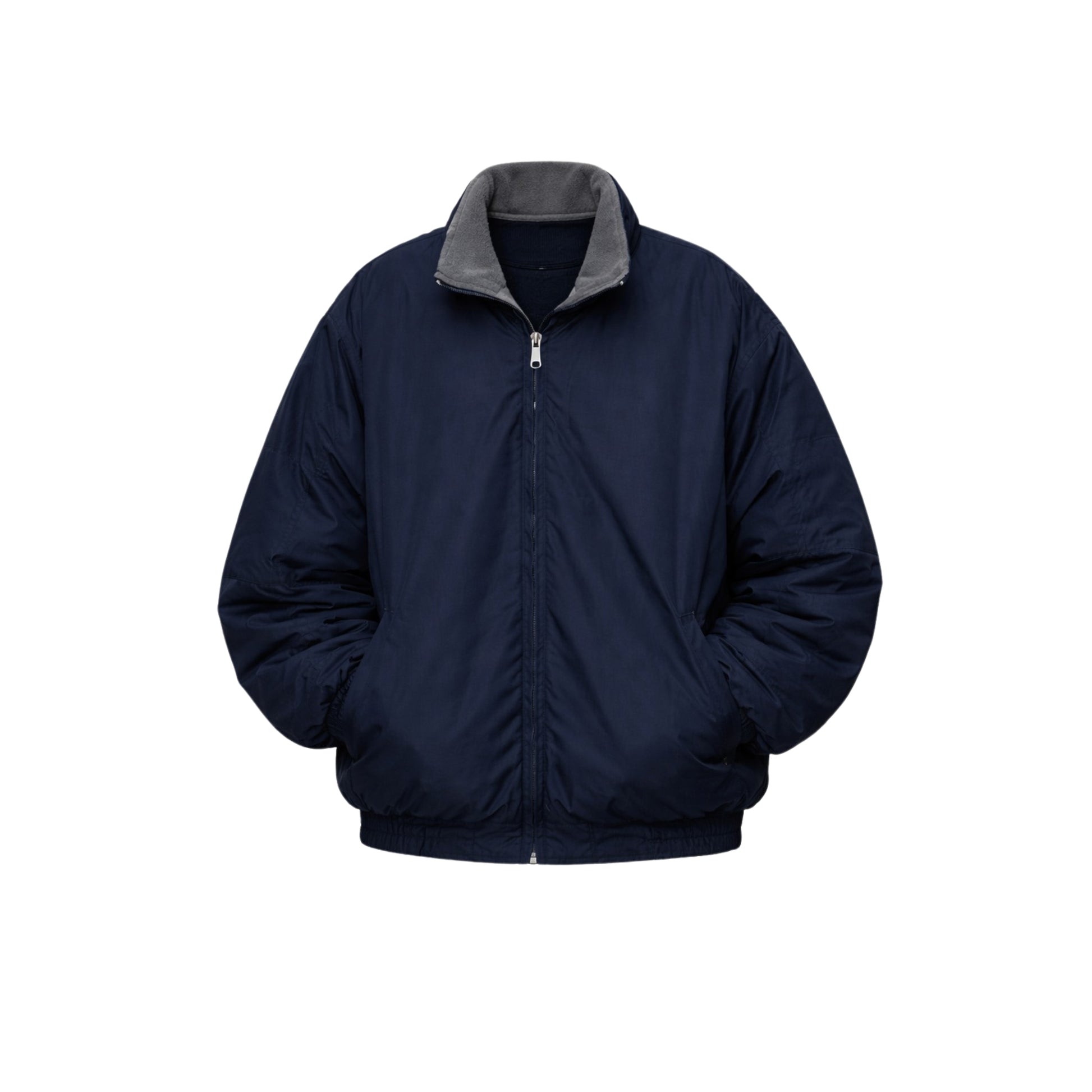 Navy blue jacket with gray collar on a white background