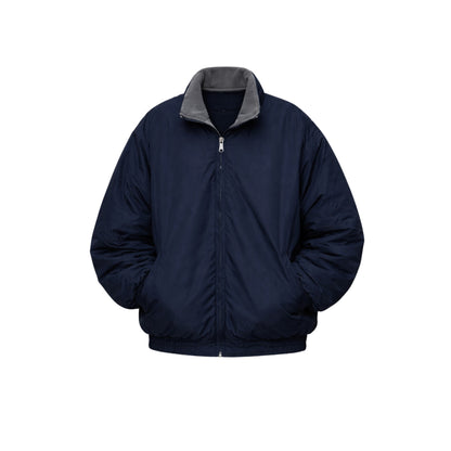 Navy blue jacket with gray collar on a white background