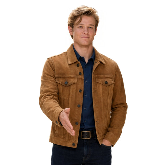 Man wearing a brown jacket and blue shirt on a white background