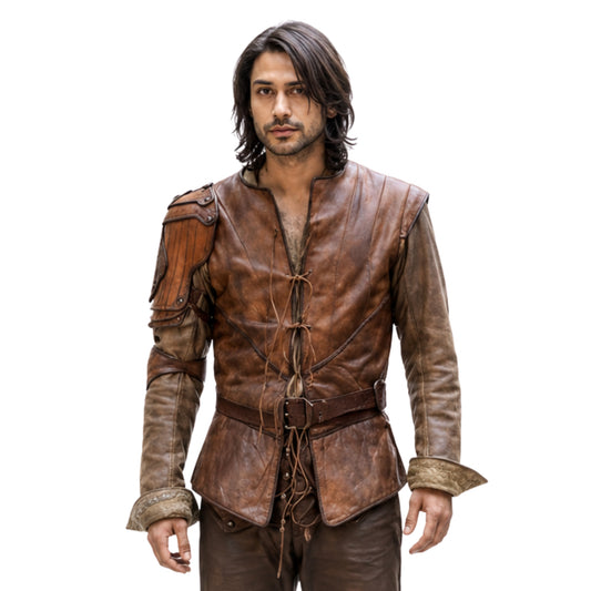 Man wearing a brown leather outfit on a white background
