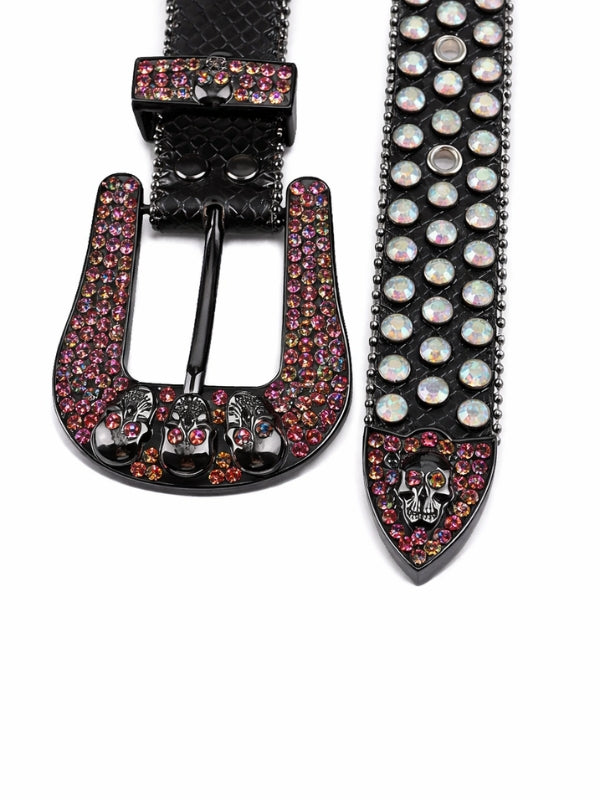 Black belt with decorative buckle and gemstone accents on a white background