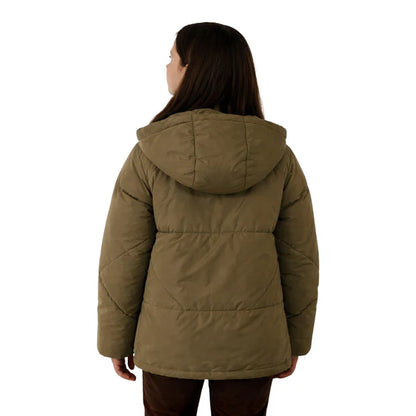 Person wearing a brown puffer jacket on a white background