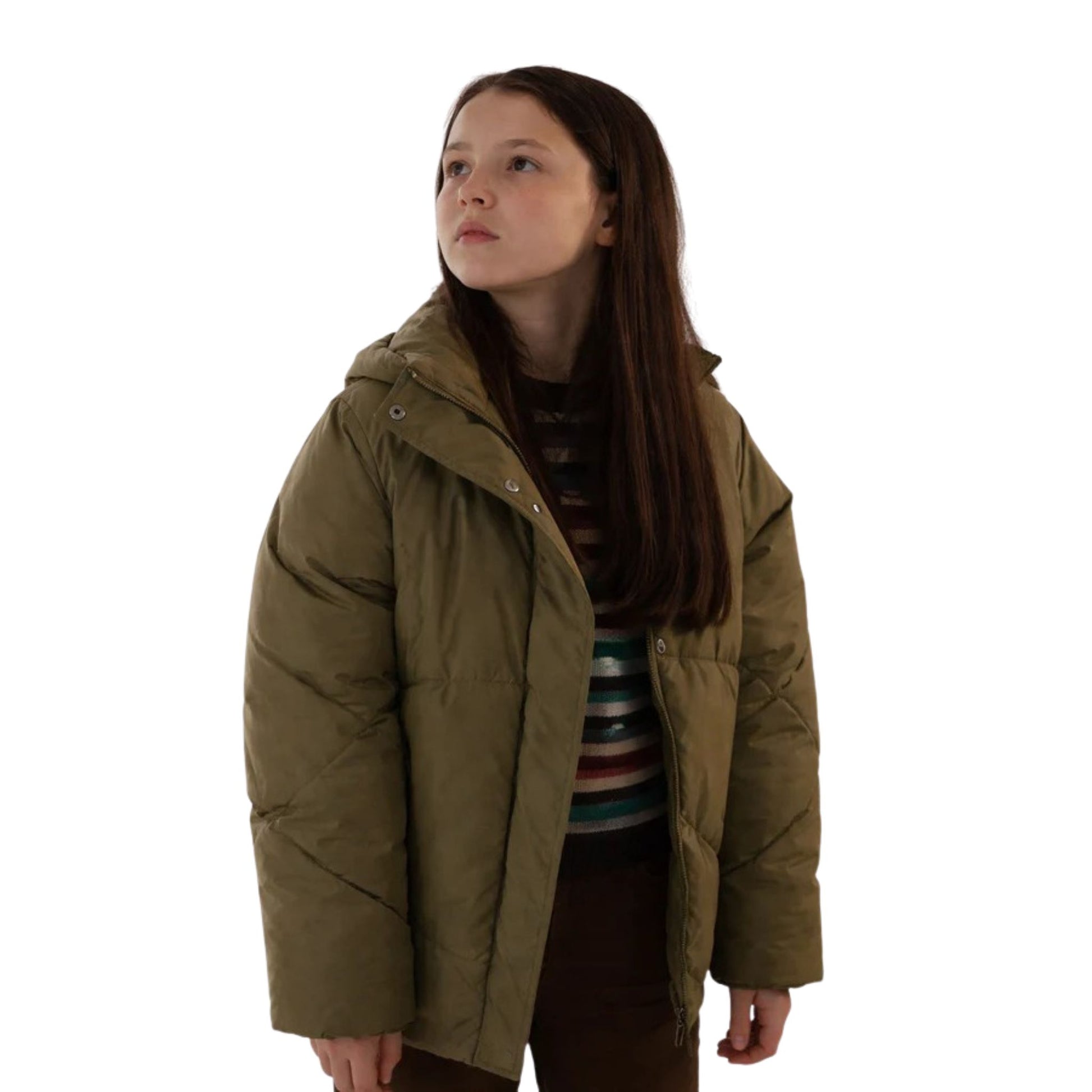 Person wearing a brown puffer jacket on a white background