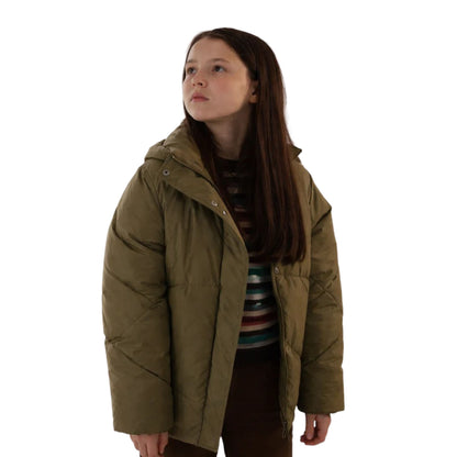 Person wearing a brown puffer jacket on a white background