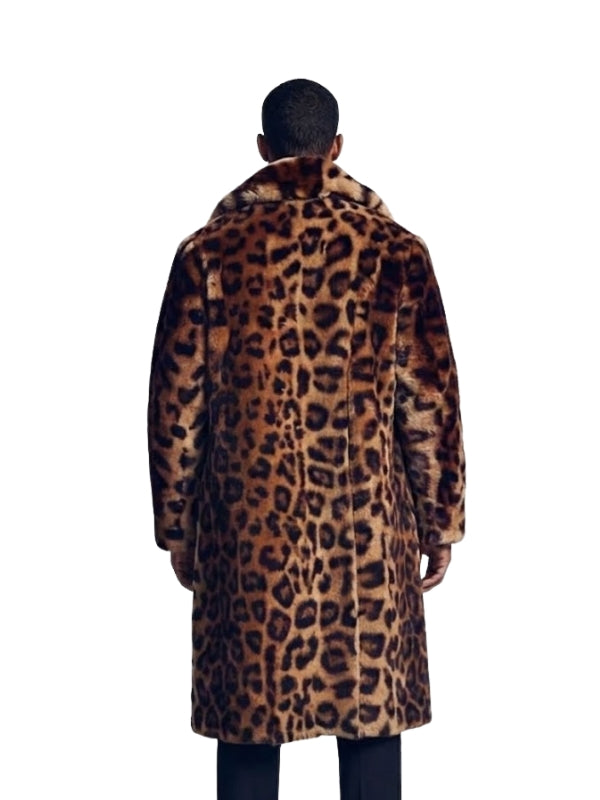 Person wearing a leopard print coat on a white background