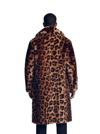 Person wearing a leopard print coat on a white background