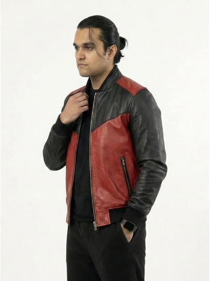 Man wearing a black and red leather jacket on a white background