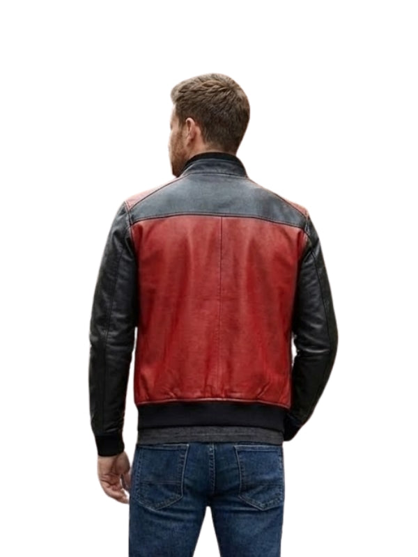 Man wearing a red and black leather jacket on a white background