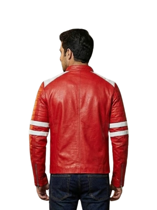 Red leather jacket with white stripes on sleeves worn by a person on a white background