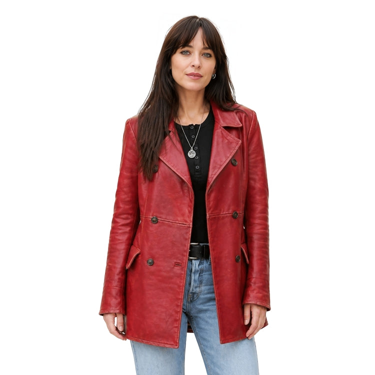 Woman wearing a red leather coat on a white background