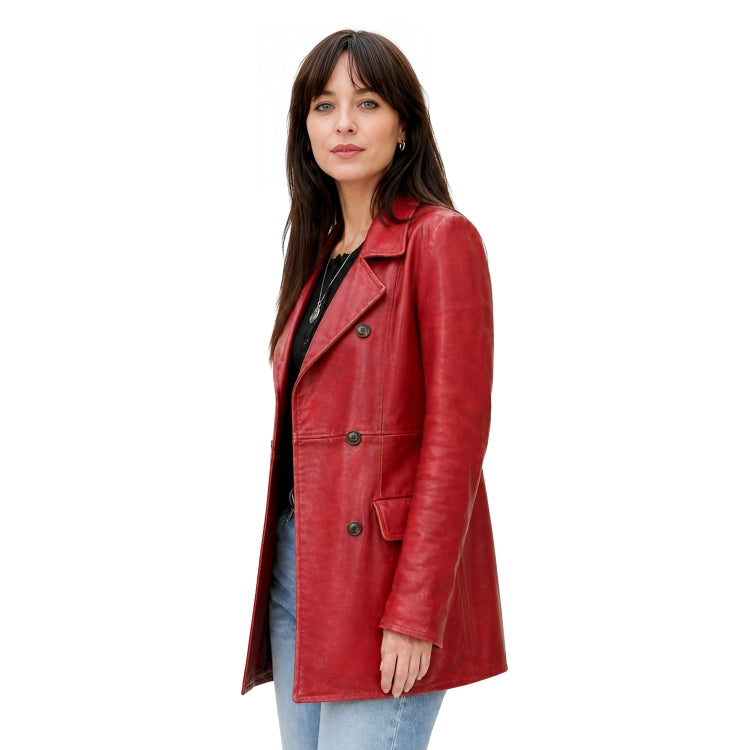 Woman wearing a red leather coat on a white background