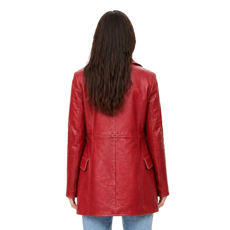 Red leather coat worn by a person on a white background