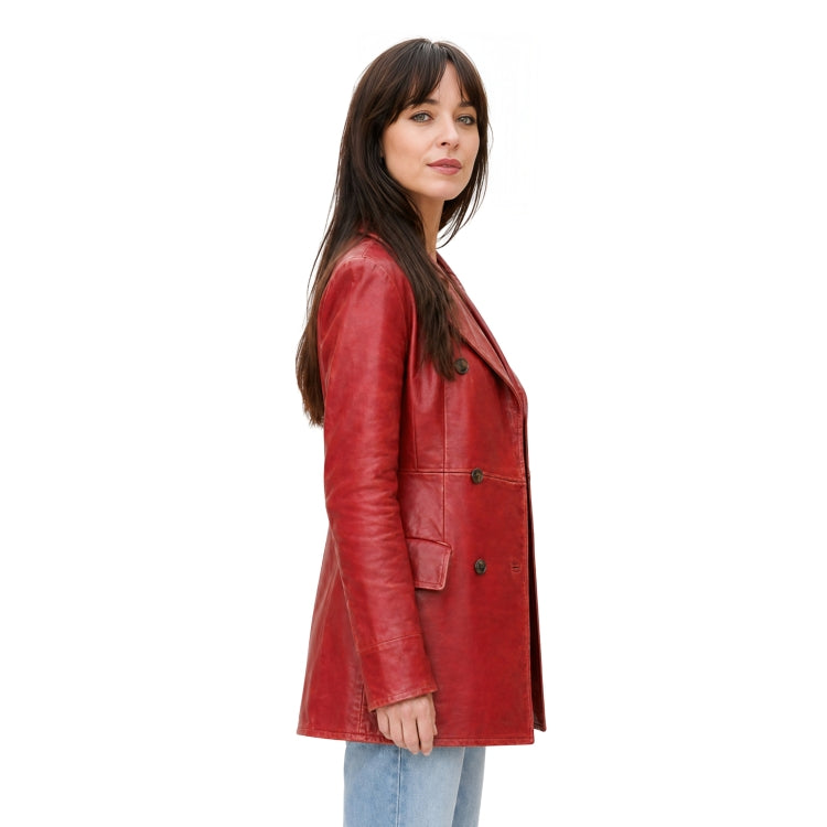 Woman wearing a red leather coat on a white background