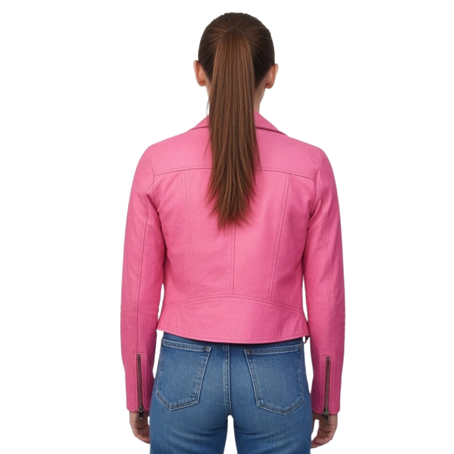 Person wearing a pink leather jacket on a white background